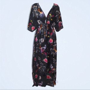 World Market black peacock print caftan dress